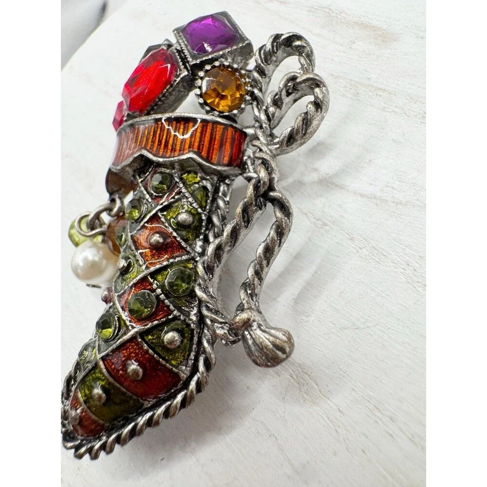 KC Kenneth Cole Classic Christmas Stocking Crystal Gems Brooch Cha Cha Beads
